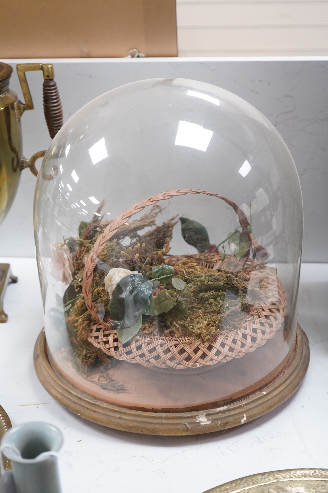 A Victorian wax flower display under dome, 38cm high